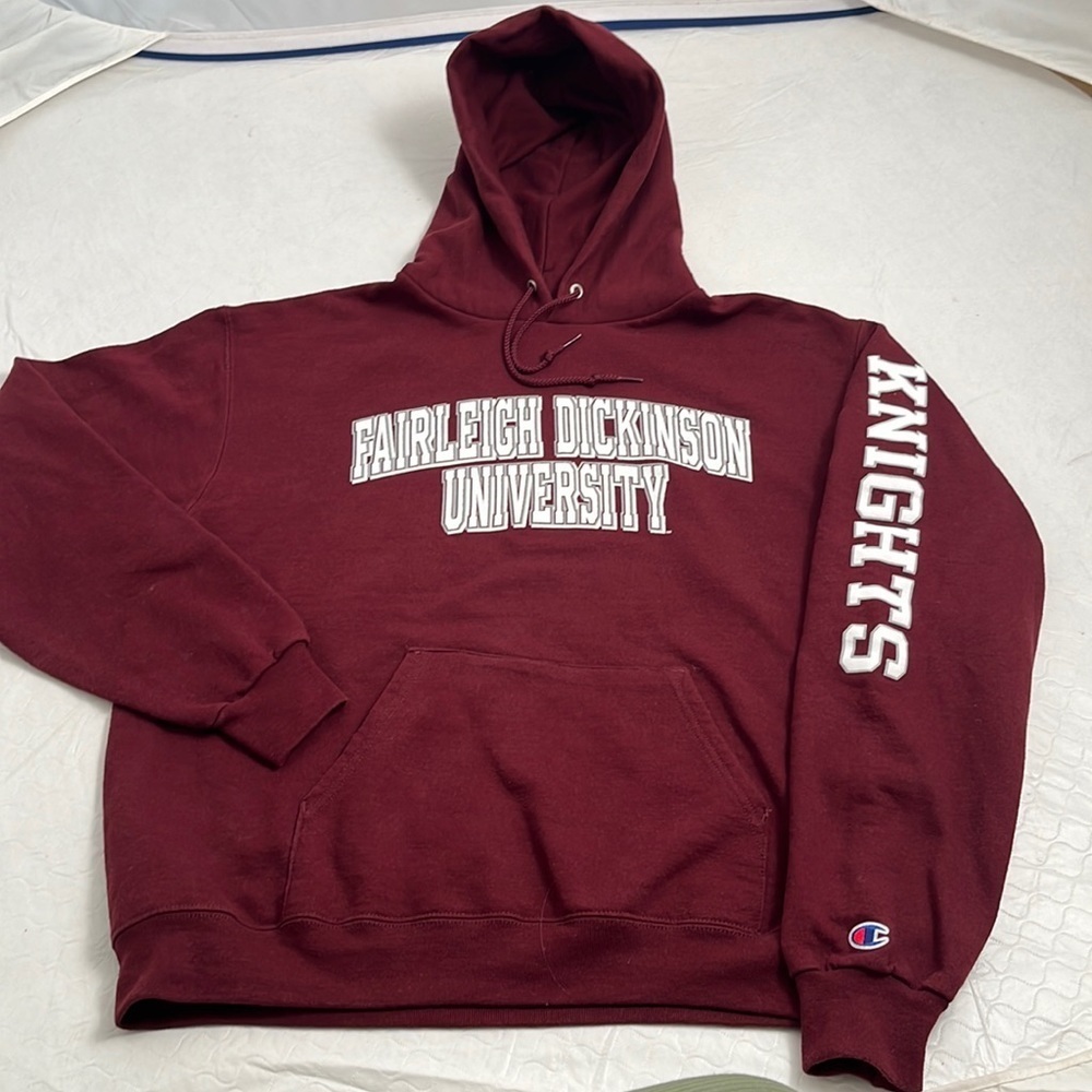 Champion Fairleigh Dickinson University burgundy white  logo unisex hoodie